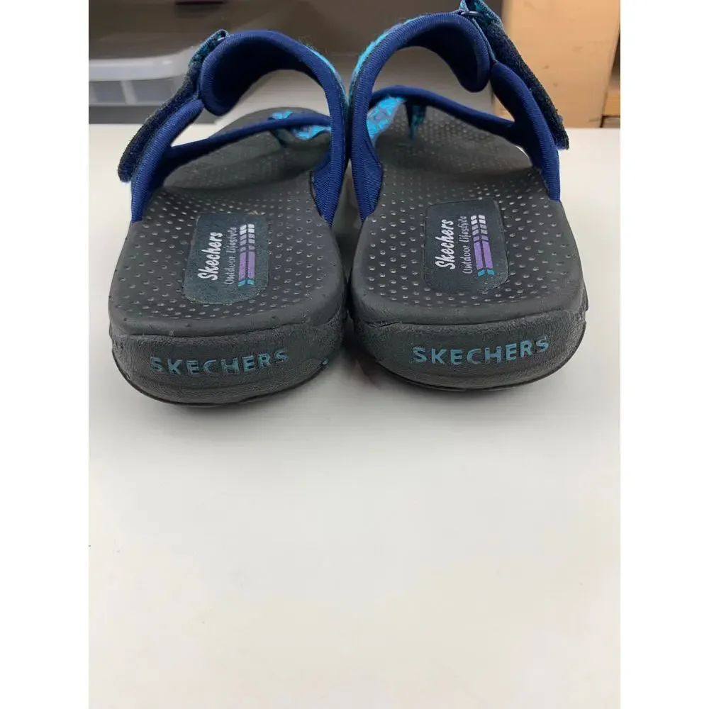 Skechers Reggae Trailway Sandals Slip On Toe Loop Black Blue Outdoor Women's 10
